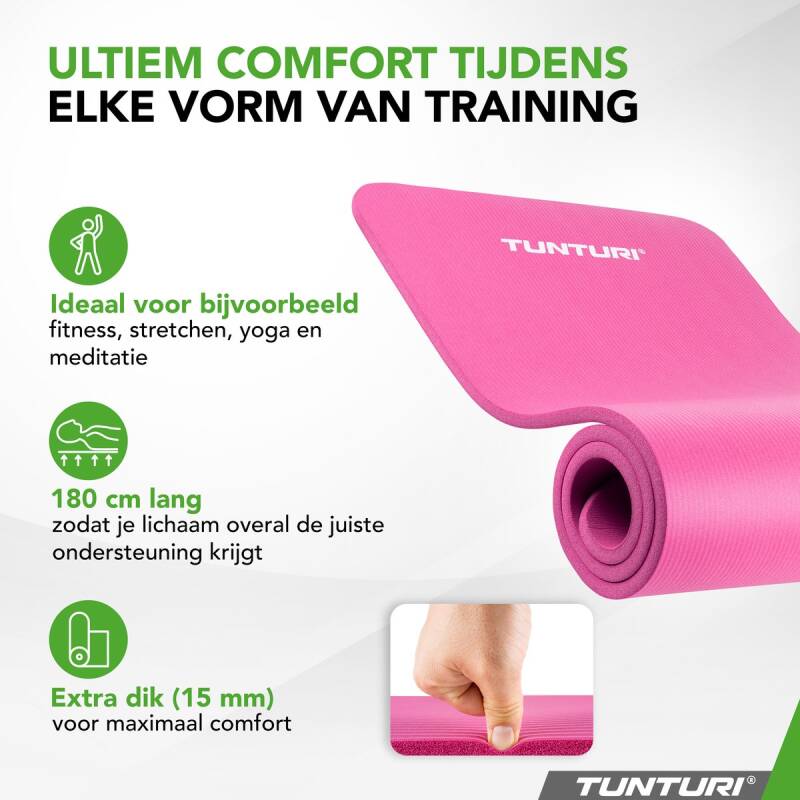 Tunturi NBR Yogamat Anti Slip - Fitnessmat Extra dik & zacht - Sportmat - 180x60x1.5cm - Incl Trainingsapp - Roze - Afbeelding 2