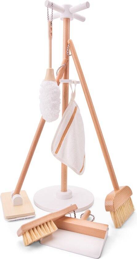 Woet® Houten Speelgoed Schoonmaakset met Standaard - 6-delig met Bezem, Dweil, Stoffer & Blik - FSC - Rollenspel Schoonmaken - Vanaf 3 Jaar
