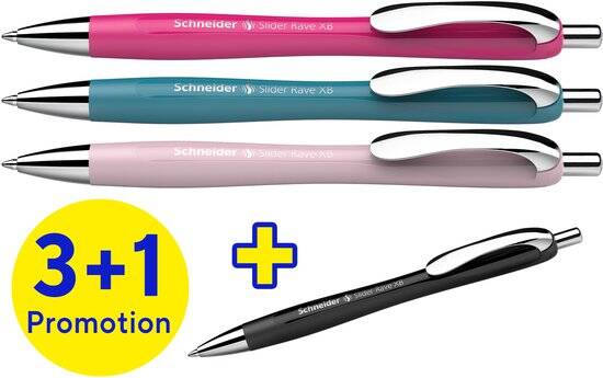 Schneider balpen - Slider Rave Trend - penpunt XB - assorti doos 3 + 1 gratis - S-132564