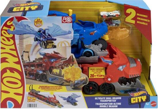 Hot Wheels City - Ultieme Dubbele Draak Transportvoertuig en 2 speelgoedauto's