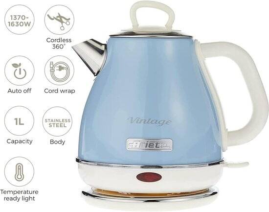 Ariete 2868/05 - Vintage waterkoker - 1 liter inhoud - 1630 Watt - draadloos - blauw - Afbeelding 3