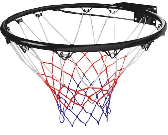 Basketbalring Zwart – Inclusief Netje Rood/Wit/Blauw – Wandbevestiging – Diameter 46 cm – Recreatief Basketbal – Engelhart
