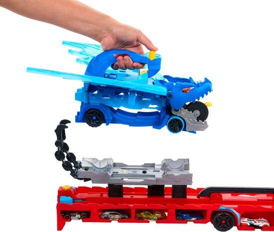 Hot Wheels City - Ultieme Dubbele Draak Transportvoertuig en 2 speelgoedauto's - Afbeelding 4