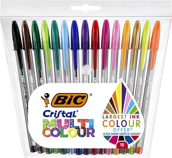 BIC Cristal Multicolour Balpennen Brede Punt (1.6 mm) - Verschillende Kleuren - Pak van 15 Stuks - Afbeelding 2