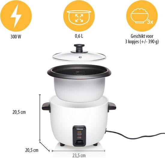 Tristar Rijstkoker 0.6L - RK-6117 - 3 personen - Droogkookbeveiliging, warmhoudfunctie - Wit - Afbeelding 5