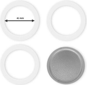 Bialetti - Set Filterplaatje aluminium (41mm) - Voor de Bialetti Moka Express en Moka Induction, 2 Kops - Inclusief 3 Rubberen Ringen (binnenmaat ring 41mm)