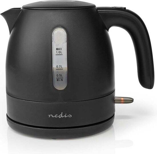 Nedis Waterkoker - 1.0 l - Kunststof - Zwart - 360 graden draaibaar - Verborgen verwarmingselement - Strix-controller - Droogkookbeveiliging