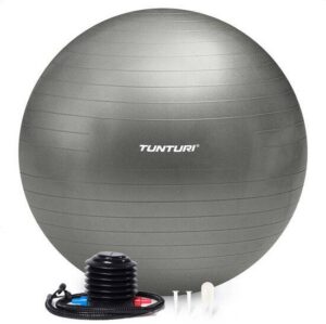 Tunturi Anti Burst Fitness bal met Pomp - Yoga bal 65 cm - Pilates bal - Zwangerschapsbal – 220 kg gebruikersgewicht - Incl Trainingsapp – Zilver