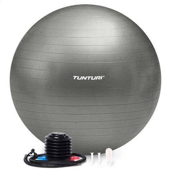 Tunturi Anti Burst Fitness bal met Pomp - Yoga bal 65 cm - Pilates bal - Zwangerschapsbal – 220 kg gebruikersgewicht - Incl Trainingsapp – Zilver