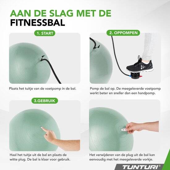 Tunturi Anti Burst Fitness bal met Pomp - Yoga bal 75 cm - Pilates bal - Zwangerschapsbal – 220 kg gebruikersgewicht - Incl Trainingsapp – Munt - Afbeelding 3