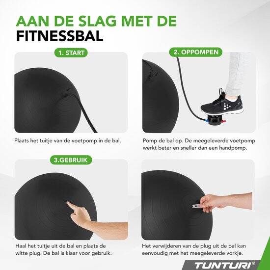 Tunturi Anti Burst Fitness bal met Pomp - Yoga bal 65 cm - Pilates bal - Zwangerschapsbal – 220 kg gebruikersgewicht - Incl Trainingsapp – Zwart - Afbeelding 3