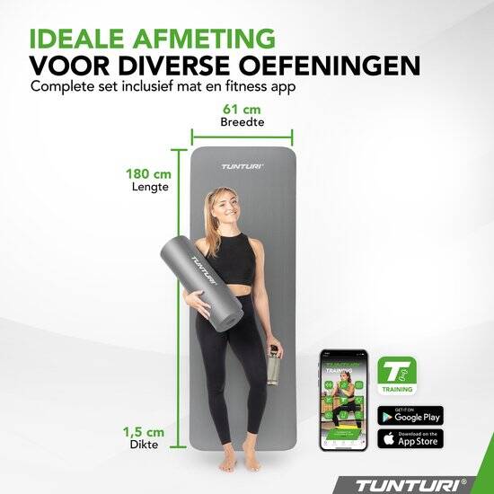 Tunturi NBR Yogamat Anti Slip - Fitnessmat Extra dik & zacht - Sportmat - 180x60x1.5cm - Incl Trainingsapp - Grijs - Afbeelding 3