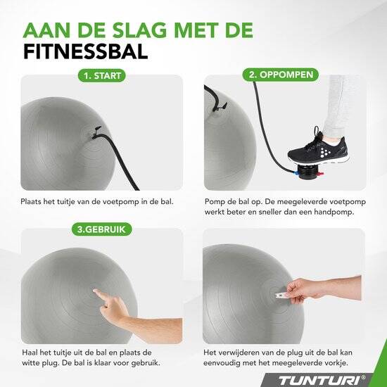 Tunturi Anti Burst Fitness bal met Pomp - Yoga bal 65 cm - Pilates bal - Zwangerschapsbal – 220 kg gebruikersgewicht - Incl Trainingsapp – Zilver - Afbeelding 2