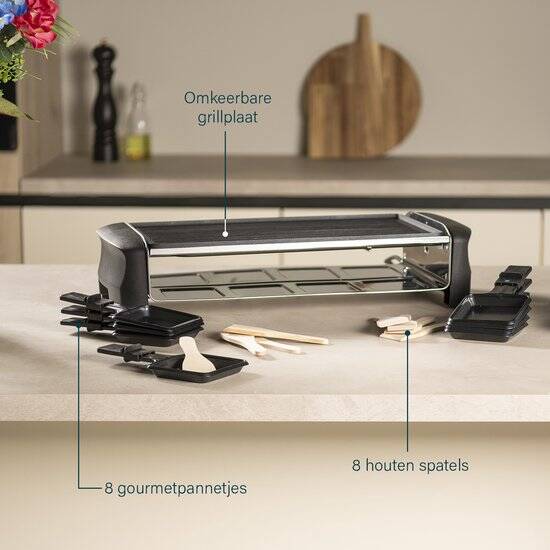 Princess Gourmetstel 162840 - Raclette 8 personen - Grill and Bakplaat - Groot - 2 meter snoer - Regelbare thermostaat - 1400W - Omkeerbare bakplaat en grillplaat - 8 pannetjes - Afbeelding 3