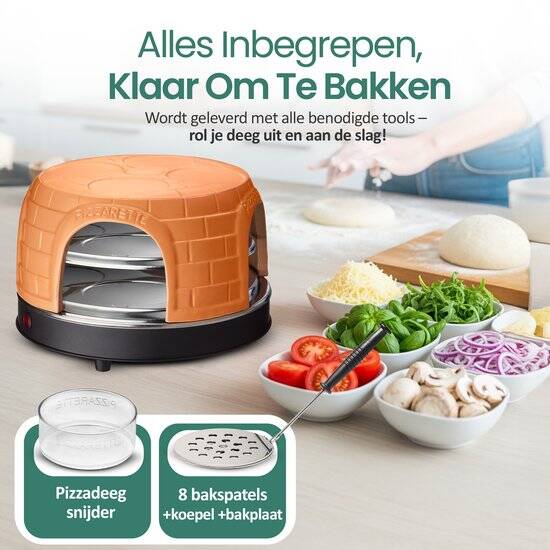 Emerio Pizzarette Origineel - 8 Persoons Pizza Oven - Handgemaakte Terracotta Koepel - 8 Geïsoleerde Bakspatels - RVS Bakplaat - Gourmetstel - PO-116124.1 1500W - Afbeelding 4
