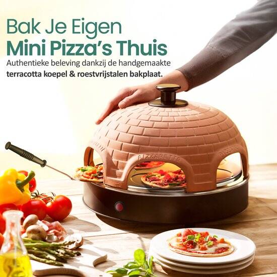 Emerio Pizzarette Origineel - 6 Persoons Pizza Oven - Handgemaakte Terracotta Koepel - 6 Geïsoleerde Bakspatels - RVS Bakplaat - Gourmetstel met Cool touch koepel - PO-115984 1200W - Afbeelding 4