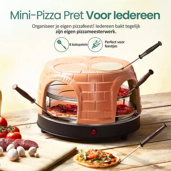 Emerio Pizzarette Origineel - 8 Persoons Pizza Oven - Handgemaakte Terracotta Koepel - 8 Geïsoleerde Bakspatels - RVS Bakplaat - Gourmetstel - PO-116124.1 1500W - Afbeelding 5