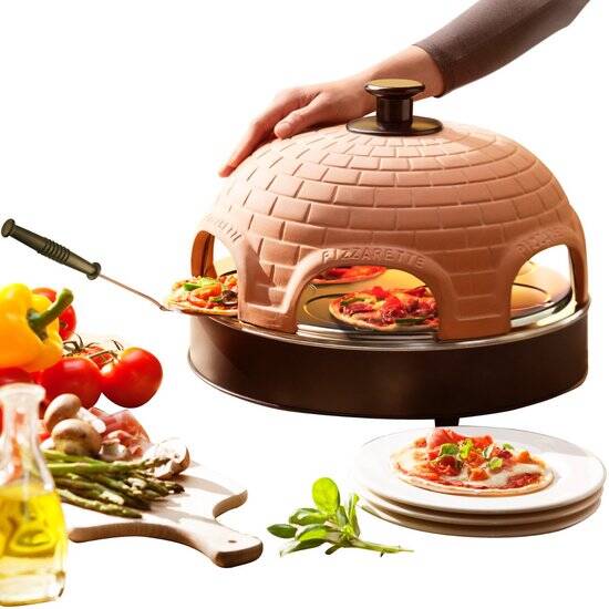 Emerio Pizzarette Origineel - 6 Persoons Pizza Oven - Handgemaakte Terracotta Koepel - 6 Geïsoleerde Bakspatels - RVS Bakplaat - Gourmetstel met Cool touch koepel - PO-115984 1200W - Afbeelding 4