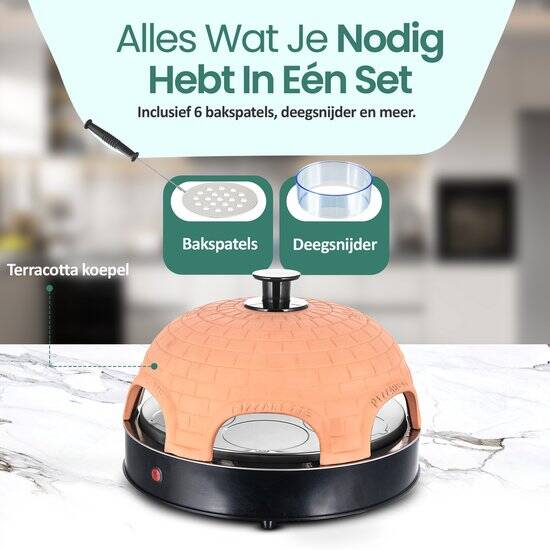 Emerio Pizzarette Origineel - 6 Persoons Pizza Oven - Handgemaakte Terracotta Koepel - 6 Geïsoleerde Bakspatels - RVS Bakplaat - Gourmetstel met Cool touch koepel - PO-115984 1200W - Afbeelding 5