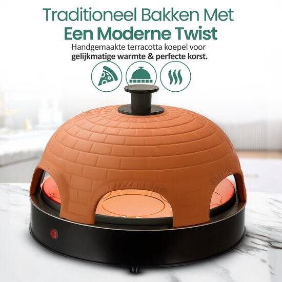 Emerio Pizzarette Origineel - 6 Persoons Pizza Oven - Handgemaakte Terracotta Koepel - 6 Geïsoleerde Bakspatels - RVS Bakplaat - Gourmetstel met Cool touch koepel - PO-115984 1200W - Afbeelding 6