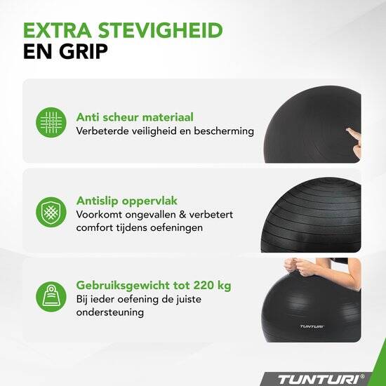 Tunturi Anti Burst Fitness bal met Pomp - Yoga bal 65 cm - Pilates bal - Zwangerschapsbal – 220 kg gebruikersgewicht - Incl Trainingsapp – Zwart - Afbeelding 4