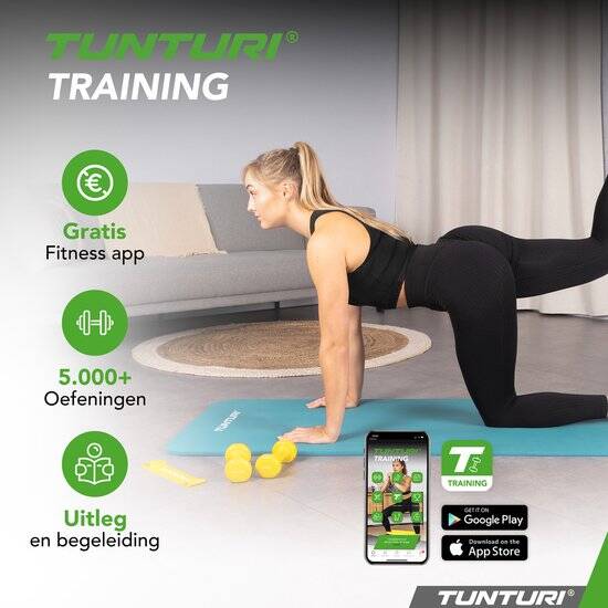 Tunturi NBR Yogamat Anti Slip - Fitnessmat Extra dik & zacht - Sportmat - 180x60x1.5cm - Incl Trainingsapp - Turquoise - Afbeelding 3
