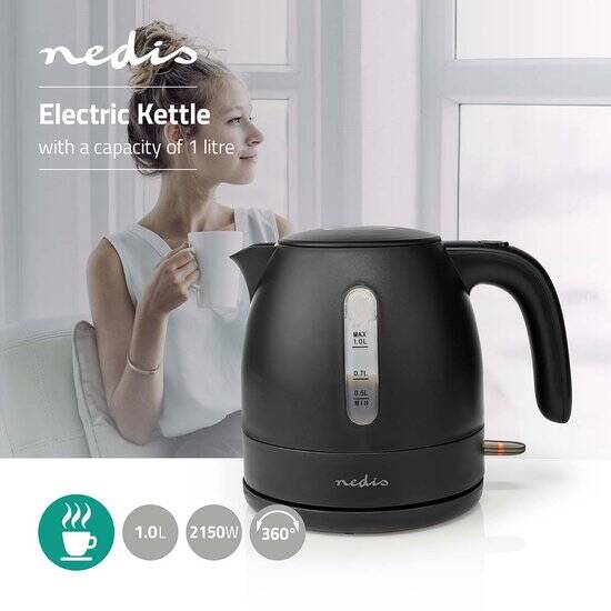 Nedis Waterkoker - 1.0 l - Kunststof - Zwart - 360 graden draaibaar - Verborgen verwarmingselement - Strix-controller - Droogkookbeveiliging - Afbeelding 3