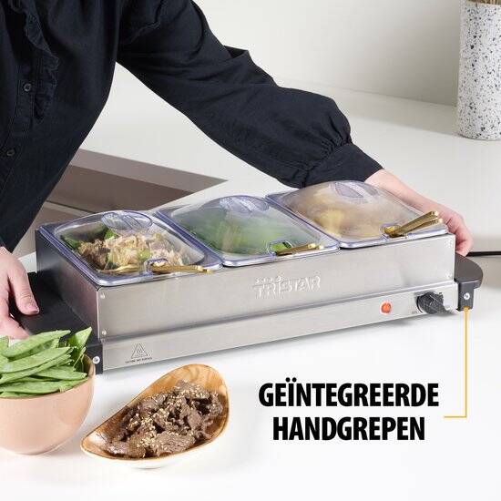 Tristar BP-6283 - Buffetwarmer 200W - Chafing dish - 3 x 1,4 Liter - Incl deksel - RVS - Afbeelding 3