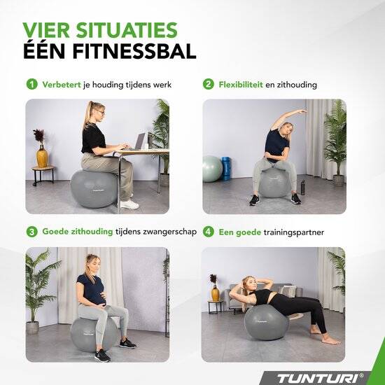 Tunturi Anti Burst Fitness bal met Pomp - Yoga bal 65 cm - Pilates bal - Zwangerschapsbal – 220 kg gebruikersgewicht - Incl Trainingsapp – Zilver - Afbeelding 3