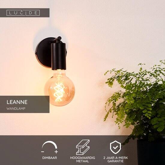 Lucide LEANNE - Wandlamp - 1xE27 - Zwart - Afbeelding 2