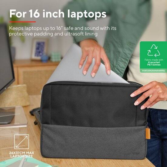 Trust Lisboa - Laptophoes - Sleeve - 16 inch - Gerecycled materiaal - Zwart - Afbeelding 3
