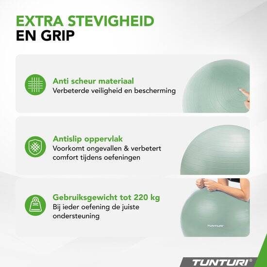 Tunturi Anti Burst Fitness bal met Pomp - Yoga bal 65 cm - Pilates bal - Zwangerschapsbal – 220 kg gebruikersgewicht - Incl Trainingsapp – Munt - Afbeelding 2