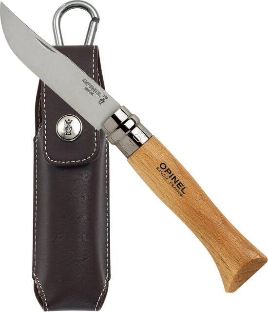 Opinel Tradition Inox N°08 Zakmes - 8,5cm - Inclusief Bruin Alpine Etui - RVS en Beukenhout - Geschenkdoos - Afbeelding 4