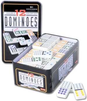 Domino Dubbel 12 – 91 Stenen met Gekleurde Ogen – Compact Blik – Klassiek Dominospel voor Thuis & Recreatie – Strategisch Familiespel met Dominostenen – Longfield Games