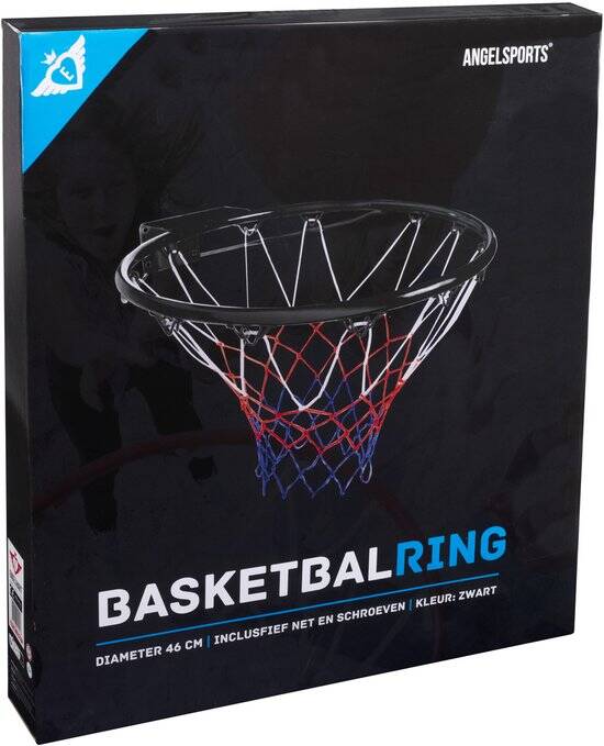 Basketbalring Zwart – Inclusief Netje Rood/Wit/Blauw – Wandbevestiging – Diameter 46 cm – Recreatief Basketbal – Engelhart - Afbeelding 2
