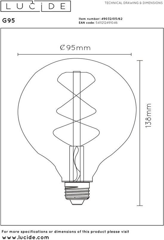 Lucide G95 - Filament lamp - Ø 9,5 cm - LED Dimbaar - E27 - 1x4,9W 2200K - Amber - Afbeelding 3